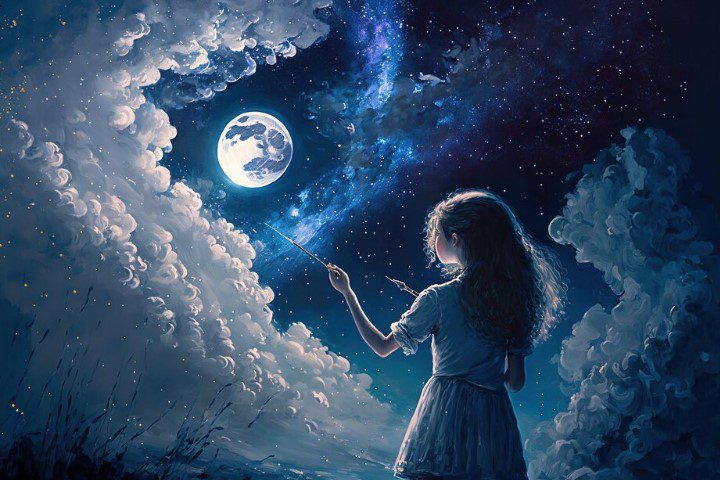 Девочка смотрит на луну