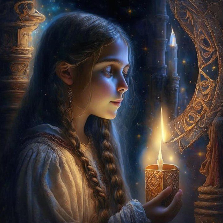 Девушка смотрит на магическую свечу
