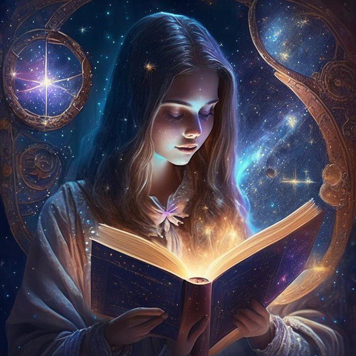 Красивая девочка читает древнюю магическую книгу