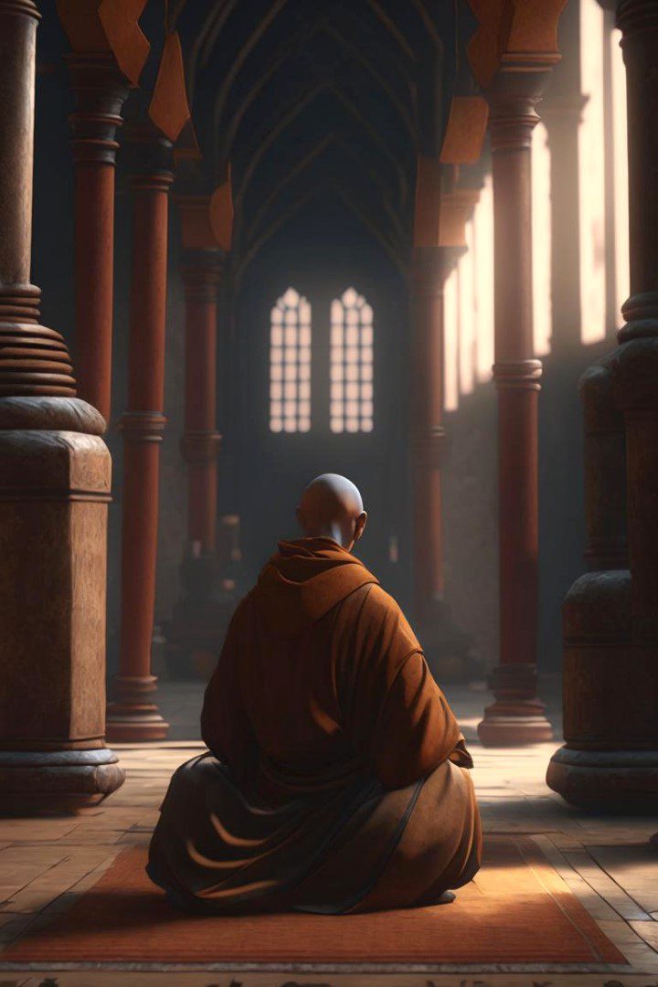 Монах в монастыре медитирует