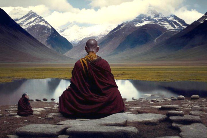 Одинокий монах у озера